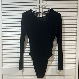 SHEIN Black Lace Backless Long Sleeve Bodysuit